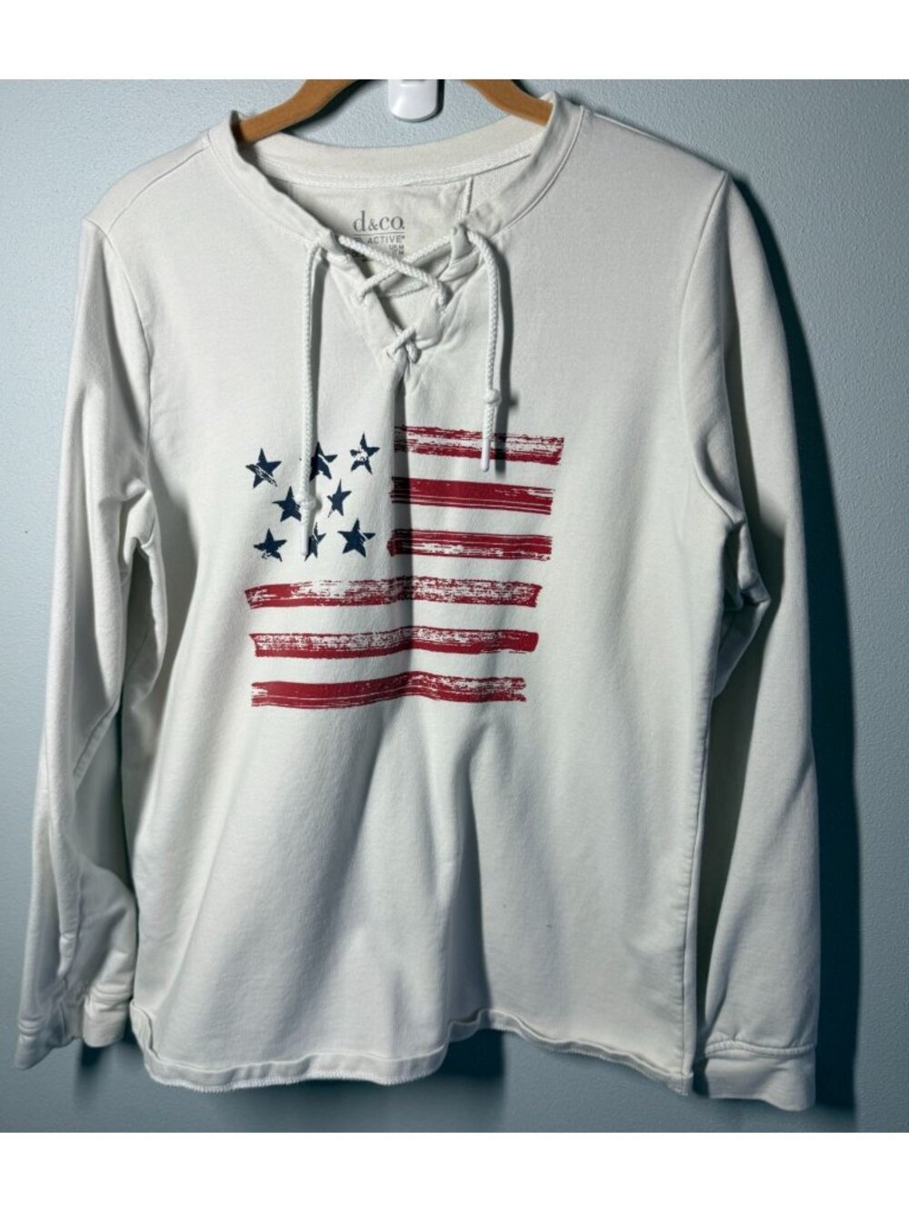 d&co. Active Womens Small Patriotic Flag July 4th Lace Up Sweatshirt Long Sleeve